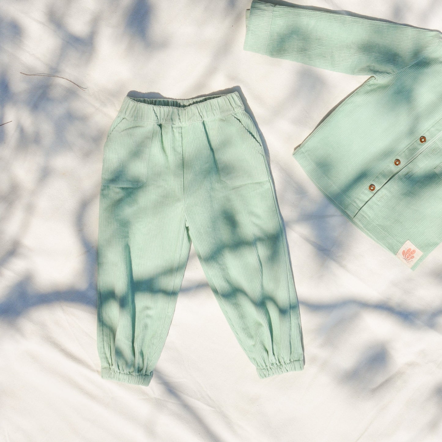 Gots certified organic cotton, ethical and sustainable fashion for babies and toddler, ocean green, reef-friendly fashion, Australian small business, corduroy for babies