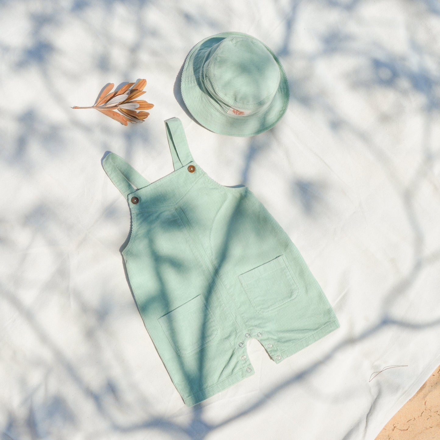 Gots certified organic cotton, ethical and sustainable fashion for babies and toddler, ocean green, reef-friendly fashion, Australian small business, corduroy for babies, corduroy overall, three quarter overall for toddler and baby