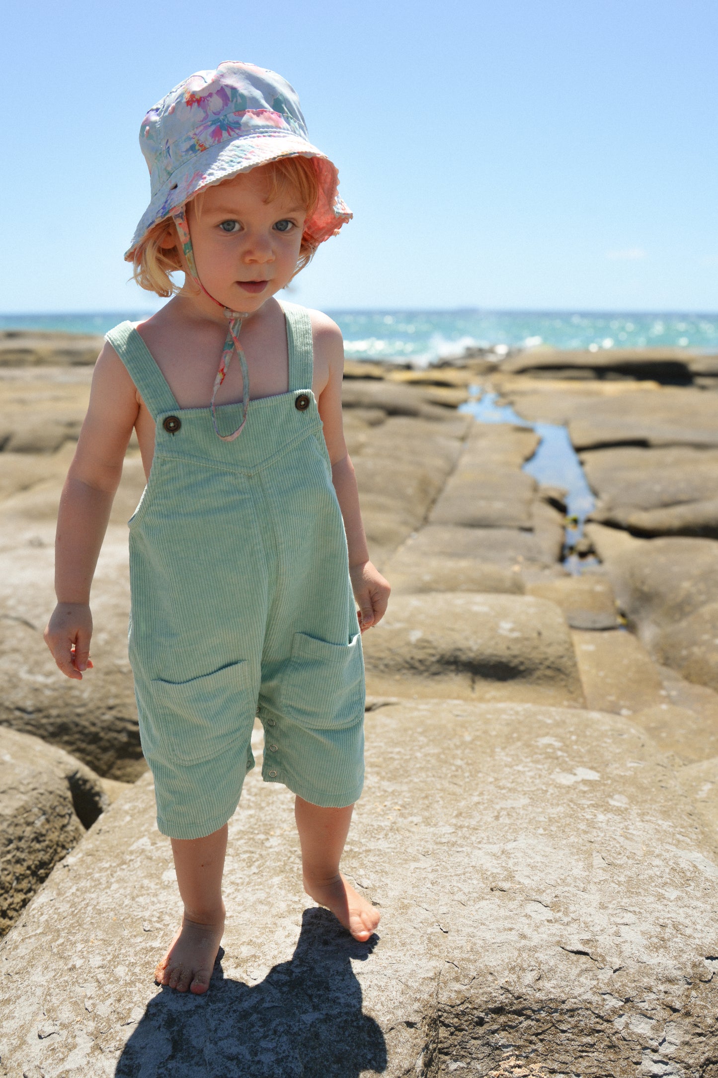 Gots certified organic cotton, ethical and sustainable fashion for babies and toddler, ocean green, reef-friendly fashion, Australian small business, corduroy for babies, corduroy overall, three quarter overall for toddler and baby