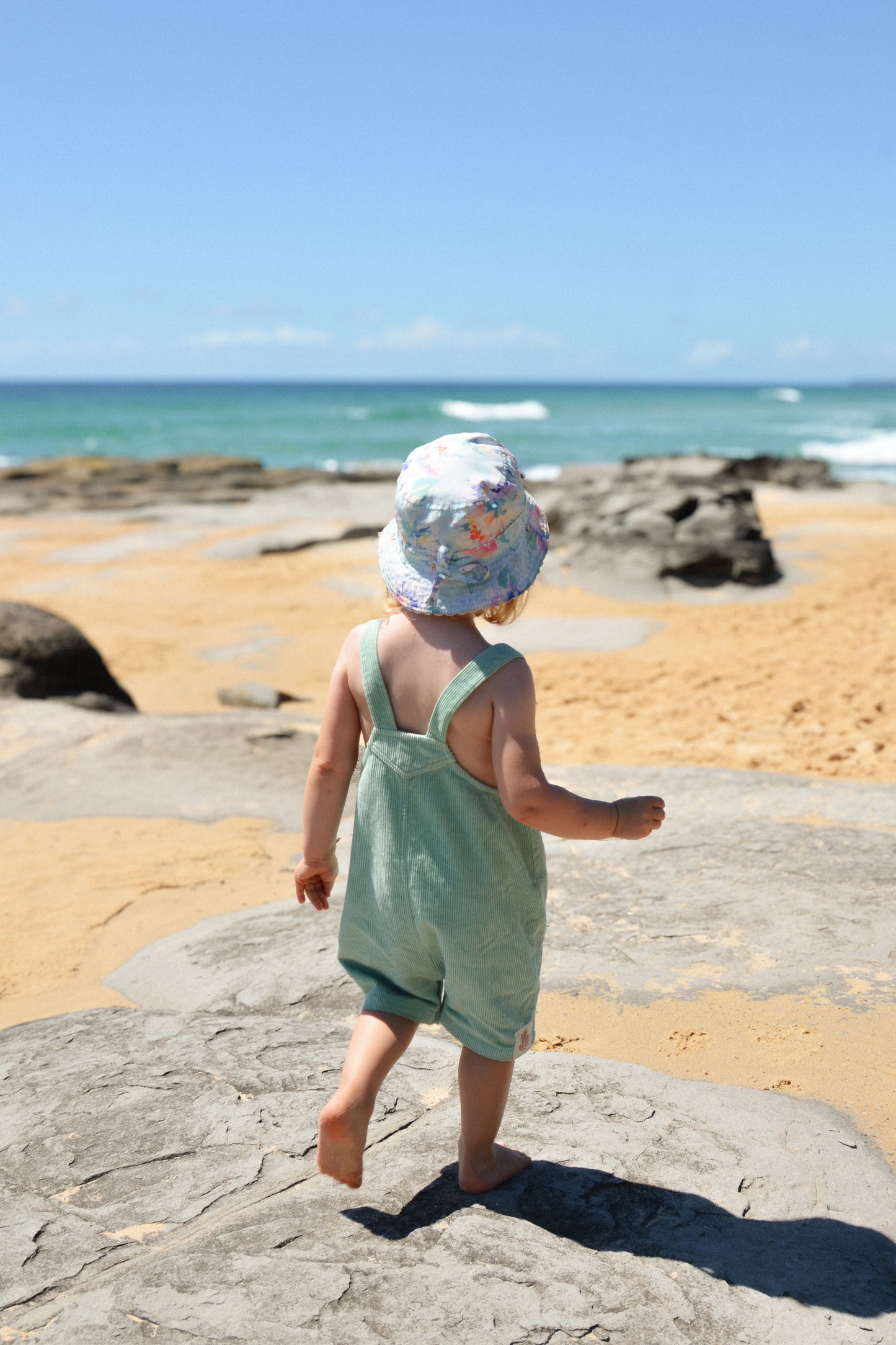 Gots certified organic cotton, ethical and sustainable fashion for babies and toddler, ocean green, reef-friendly fashion, Australian small business, corduroy for babies, corduroy overall, three quarter overall for toddler and baby