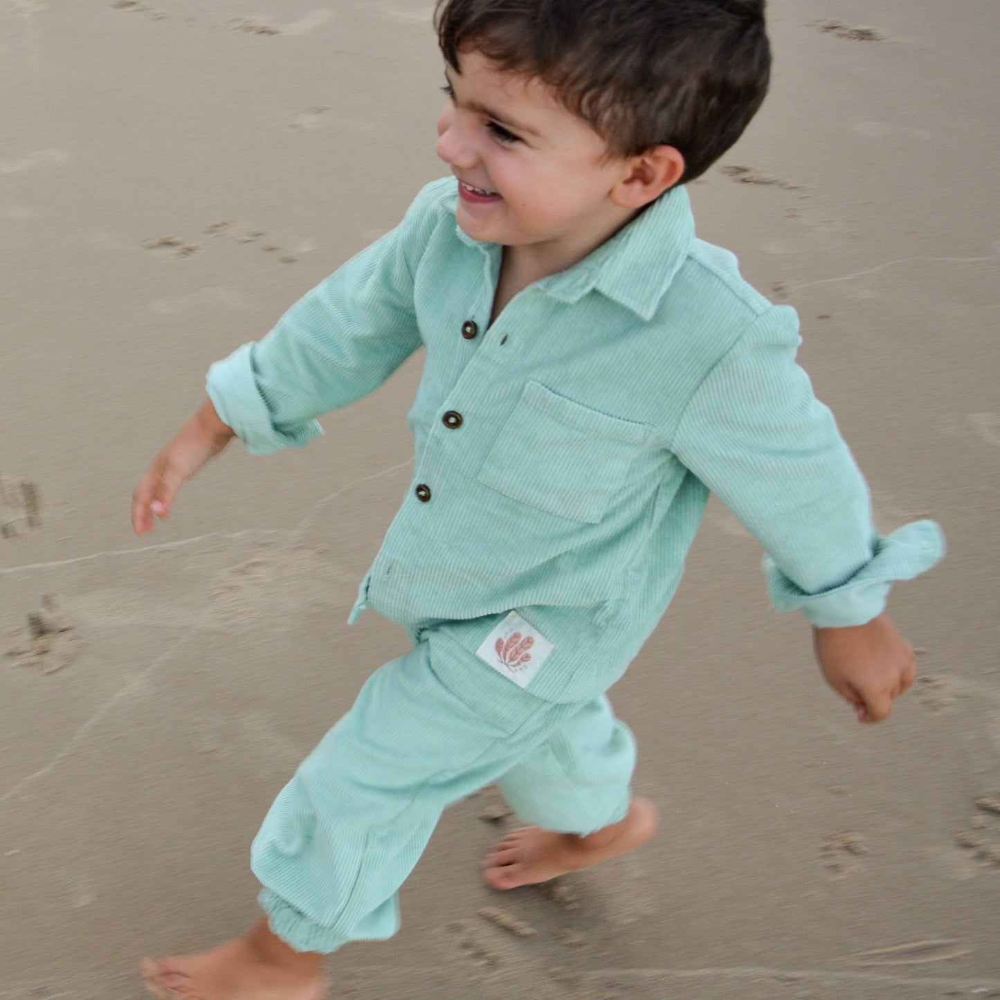 Gots certified organic cotton, ethical and sustainable fashion for babies and toddler, ocean green, reef-friendly fashion, Australian small business, corduroy for babies, toddler pants, pants for tall baby, pants for toddler with long legs