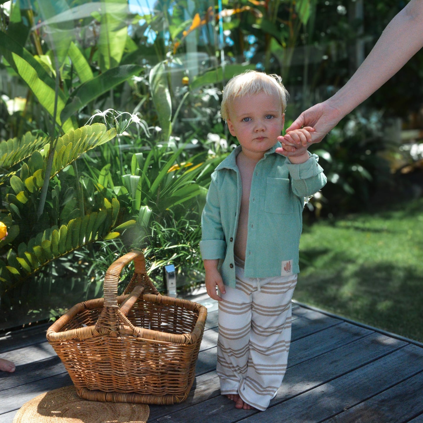 Gots certified organic cotton, ethical and sustainable fashion for babies and toddler, reef-friendly fashion, gender neutral, Australian small business, corduroy for babies, toddler pants, pants for tall baby, pants for toddler with long legs, green reef co, minimalistic fashion, capsule wardrobe for toddler, summer capsule, stripe pants for boys and girls alike, flare pants for toddlers, flare pants for babies