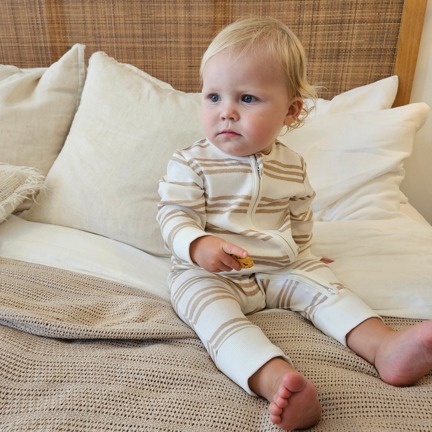 Gots certified organic cotton, ethical and sustainable fashion for babies and toddler, gender neutral, reef-friendly fashion, Australian small business , green reef co, minimalistic fashion, capsule wardrobe for toddler, summer capsule, baby romper with stripes and reef prints, lightweight, breathable cotton, organic cotton zip suit, growsuit for, romper for babies