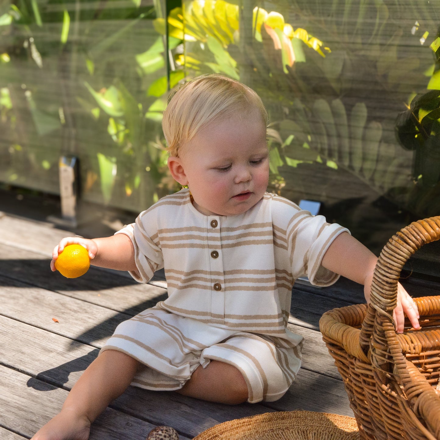 Gots certified organic cotton, ethical and sustainable fashion for babies and toddler, reef-friendly fashion, gender neutral, Australian small business , green reef co, minimalistic fashion, capsule wardrobe for toddler, summer capsule, baby romper with stripes and reef prints, lightweight, breathable cotton