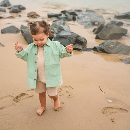Gots certified organic cotton, ethical and sustainable fashion for babies and toddler, ocean green, reef-friendly fashion, Australian small business, corduroy shirt, button up, button down shirt with pocket, corduroy clothing for babies