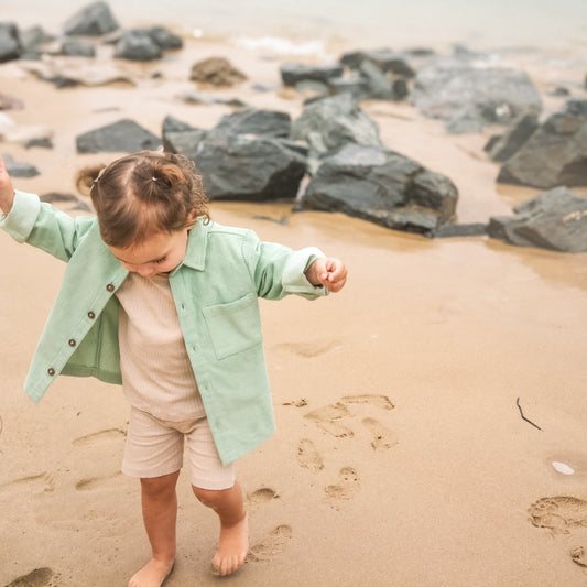 Gots certified organic cotton, ethical and sustainable fashion for babies and toddler, ocean green, reef-friendly fashion, Australian small business, corduroy shirt, button up, button down shirt with pocket, corduroy clothing for babies