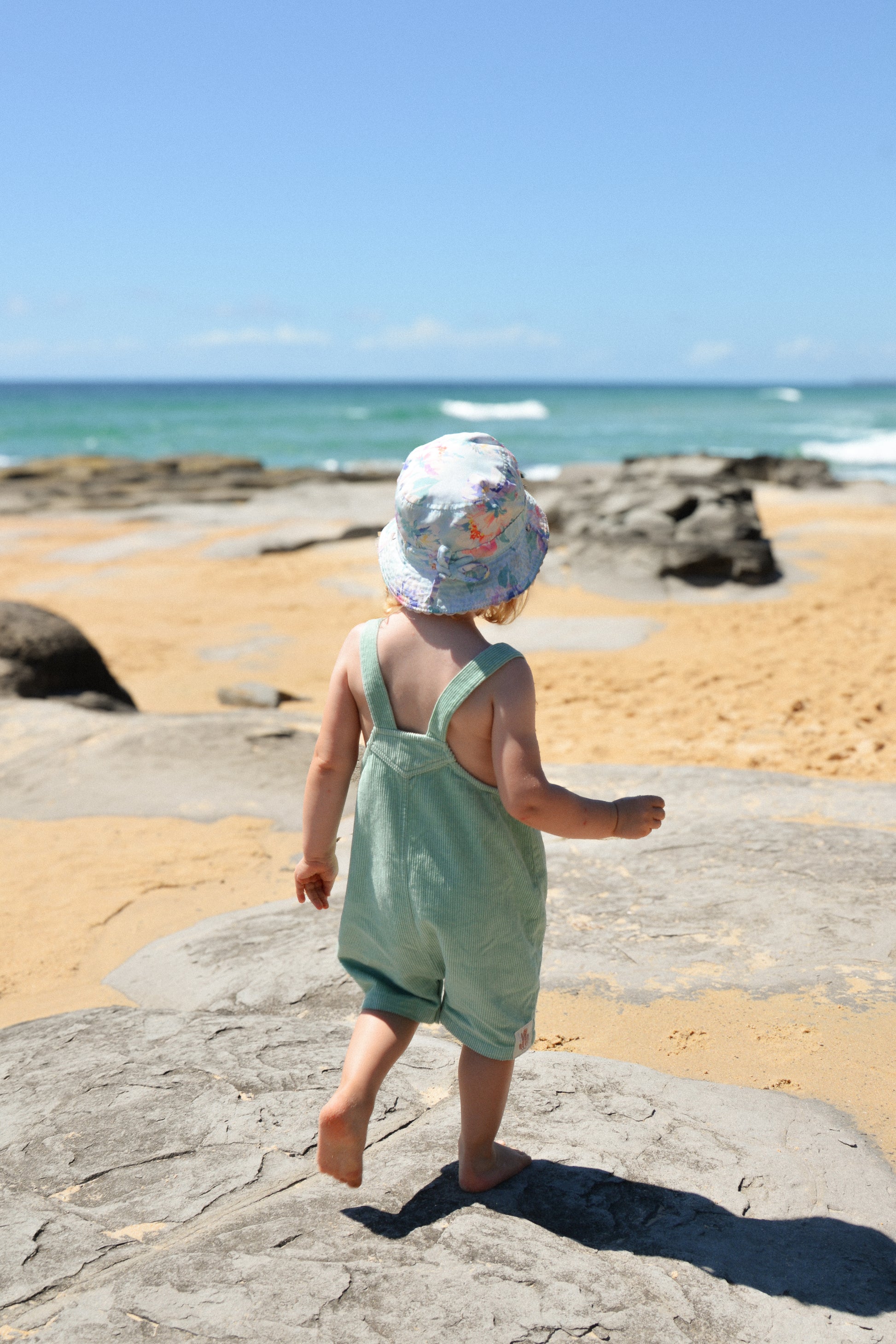 Gots certified organic cotton, ethical and sustainable fashion for babies and toddler, ocean green, reef-friendly fashion, Australian small business, corduroy for babies, corduroy overall, three quarter overall for toddler and baby
