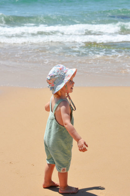 Gots certified organic cotton, ethical and sustainable fashion for babies and toddler, ocean green, reef-friendly fashion, Australian small business, corduroy for babies, corduroy overall, three quarter overall for toddler and baby