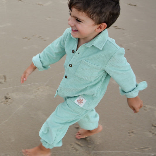 Gots certified organic cotton, ethical and sustainable fashion for babies and toddler, ocean green, reef-friendly fashion, Australian small business, corduroy for babies, toddler pants, pants for tall baby, pants for toddler with long legs