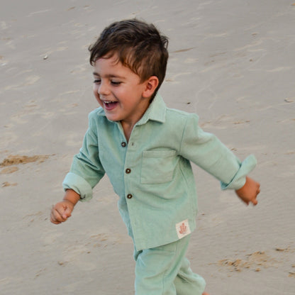 Gots certified organic cotton, ethical and sustainable fashion for babies and toddler, ocean green, reef-friendly fashion, Australian small business, corduroy shirt, button up, button down shirt with pocket, corduroy clothing for babies