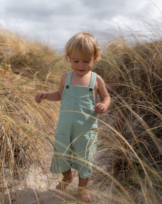 Gots certified organic cotton, ethical and sustainable fashion for babies and toddler, ocean green, reef-friendly fashion, Australian small business, corduroy for babies, corduroy overall, three quarter overall for toddler and baby