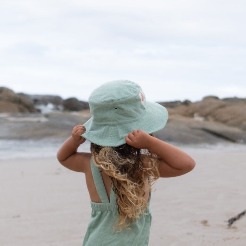 Gots certified organic cotton, ethical and sustainable fashion for babies and toddler, ocean green, reef-friendly fashion, Australian small business, baby bucket hat