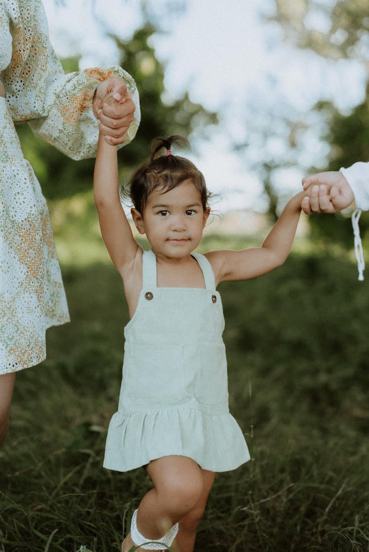 Gots certified organic cotton, ethical and sustainable fashion for babies and toddler, ocean green, reef-friendly fashion, Australian small business, corduroy for babies, baby toddler corduroy dress, retro dress, button dress with pockets