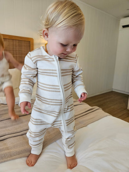 Gots certified organic cotton, ethical and sustainable fashion for babies and toddler,  gender neutral, reef-friendly fashion, Australian small business , green reef co, minimalistic fashion, capsule wardrobe for toddler, summer capsule, baby romper with stripes and reef prints, lightweight, breathable cotton, organic cotton zip suit, growsuit for, romper for babies