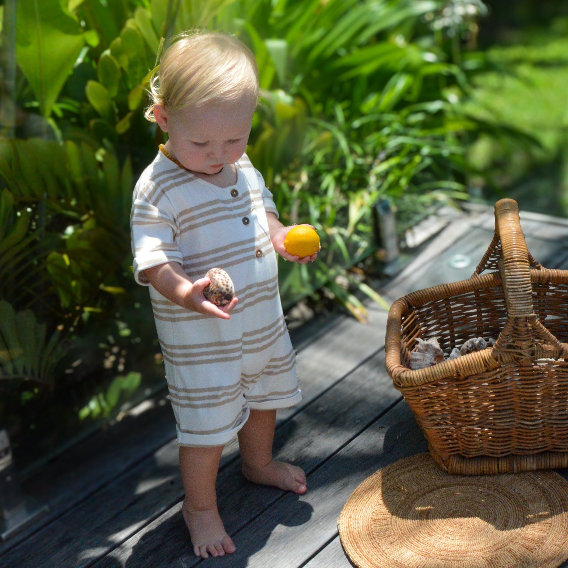 Gots certified organic cotton, ethical and sustainable fashion for babies and toddler, reef-friendly fashion, gender neutral, Australian small business , green reef co, minimalistic fashion, capsule wardrobe for toddler, summer capsule, baby romper with stripes and reef prints, lightweight, breathable cotton