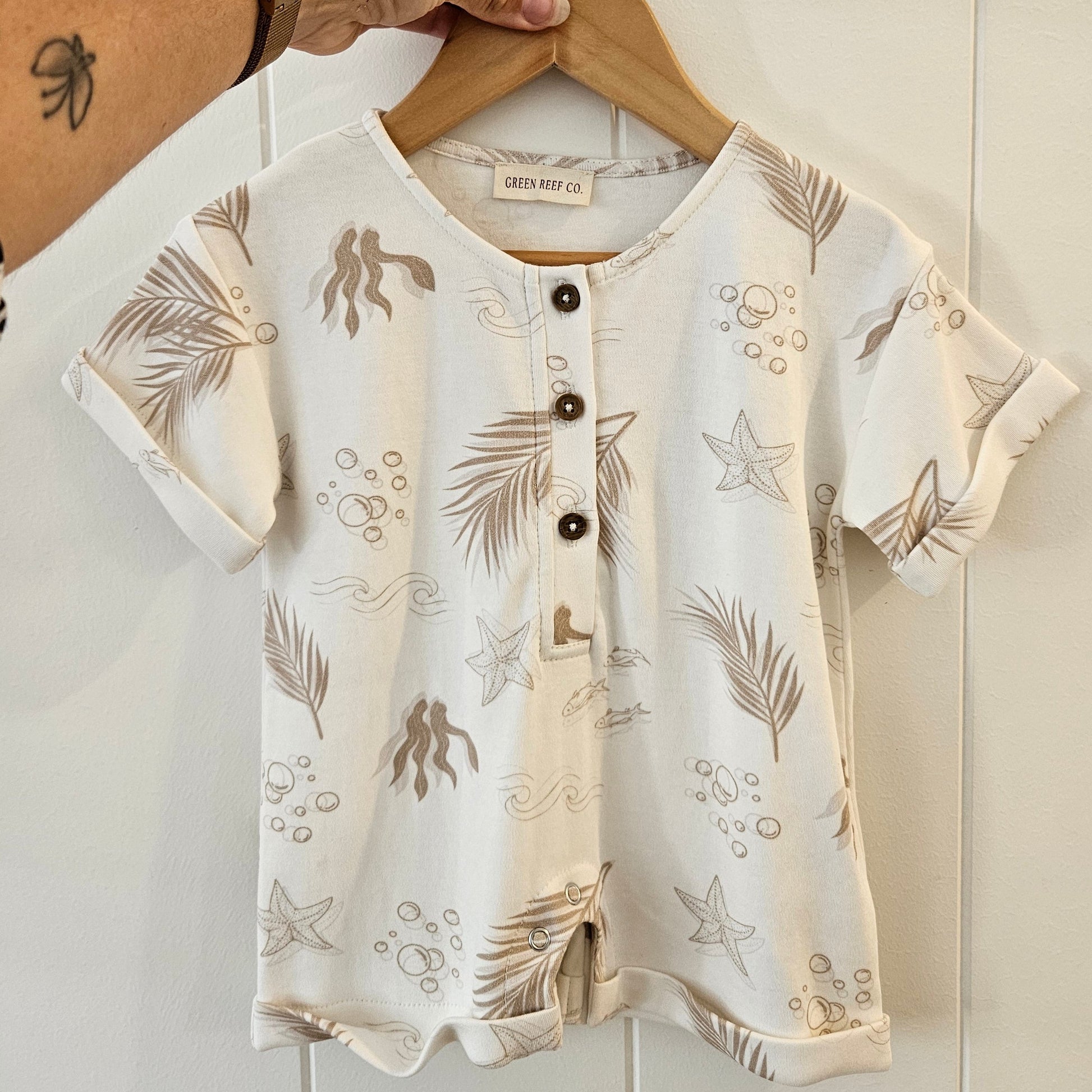 Gots certified organic cotton, ethical and sustainable fashion for babies and toddler, reef-friendly fashion, gender neutral, Australian small business , green reef co, minimalistic fashion, capsule wardrobe for toddler, summer capsule, baby romper with stripes and reef prints, lightweight, breathable cotton