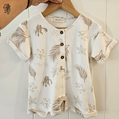 Gots certified organic cotton, ethical and sustainable fashion for babies and toddler, reef-friendly fashion, gender neutral, Australian small business , green reef co, minimalistic fashion, capsule wardrobe for toddler, summer capsule, baby romper with stripes and reef prints, lightweight, breathable cotton