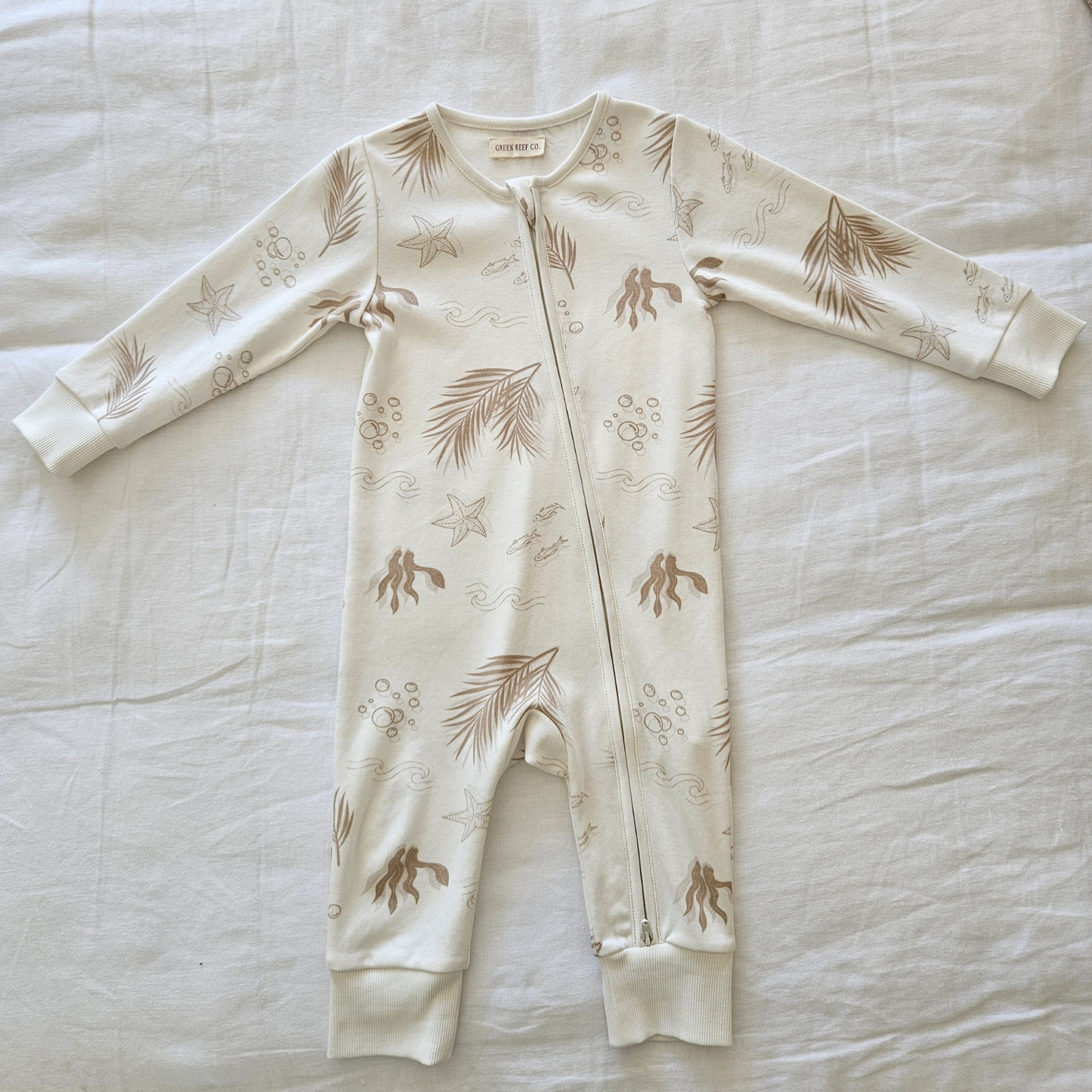 Gots certified organic cotton, ethical and sustainable fashion for babies and toddler, gender neutral, reef-friendly fashion, Australian small business , green reef co, minimalistic fashion, capsule wardrobe for toddler, summer capsule, baby romper with stripes and reef prints, lightweight, breathable cotton, organic cotton zip suit, growsuit for, romper for babies