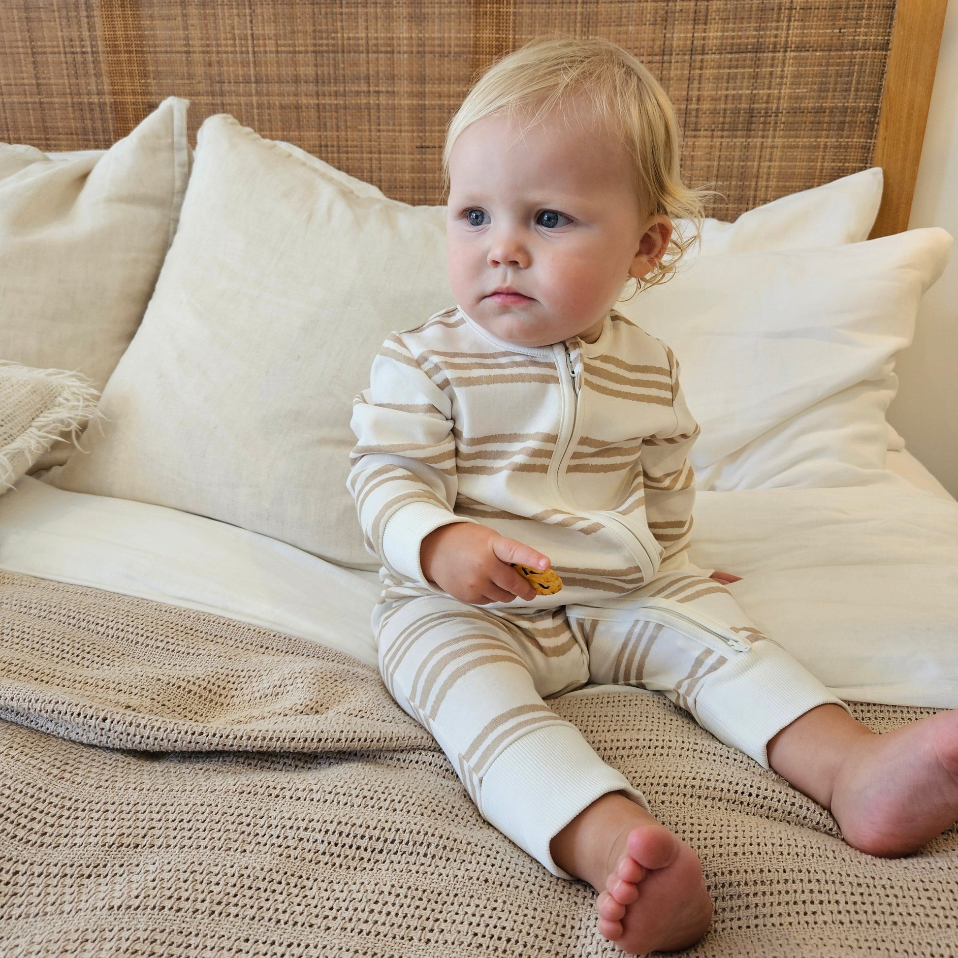 Gots certified organic cotton, ethical and sustainable fashion for babies and toddler, gender neutral, reef-friendly fashion, Australian small business , green reef co, minimalistic fashion, capsule wardrobe for toddler, summer capsule, baby romper with stripes and reef prints, lightweight, breathable cotton, organic cotton zip suit, growsuit for, romper for babies
